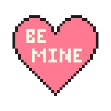 Pixel heart with text Be mine in retro style. Vintage love symbol, 8 bit vector Stock Illustration