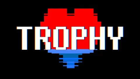 Pixel heart TROPHY word text glitch interference screen seamless loop animation Video stock 91704257