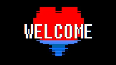 Pixel heart WELCOME word text glitch interference screen seamless loop animation Stock Footage 89937625