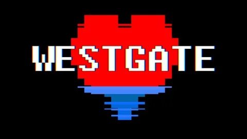 Pixel heart WESTGATE word text glitch interference screen seamless loop Video stock 91961042
