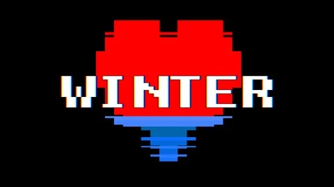 Pixel heart WINTER word text glitch interference screen seamless loop animation Video stock 91533099