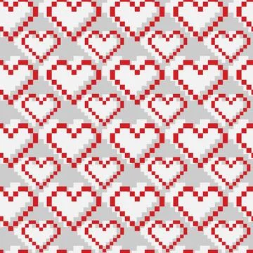 Pixel Hearts Seamless pattern in trendy soft gray and red. St Valentines Day Stock Illustration
