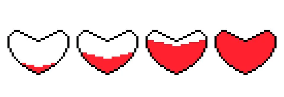 Pixel hearts set. 8 bit video game life or heart bar. Heart filling with love Stock Illustration