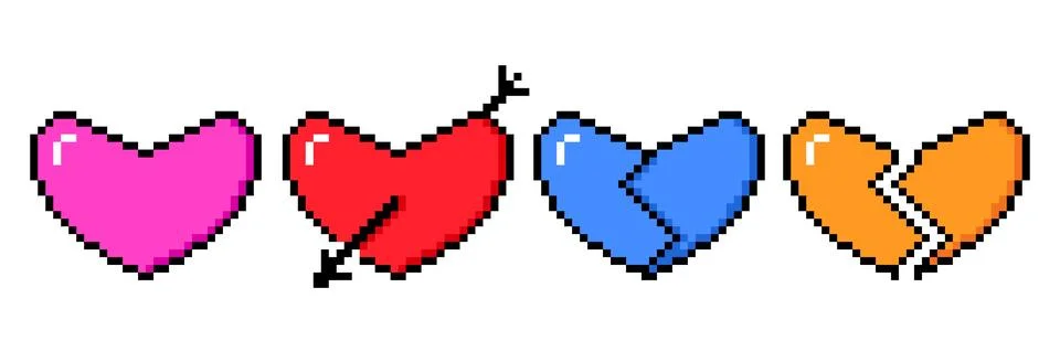 Pixel hearts set. 8 bit video game style heart collection. Heart with arrow and Stock Illustration