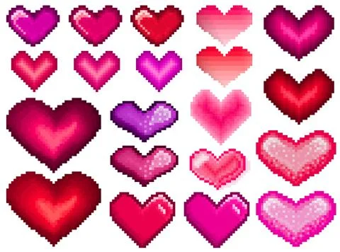 Pixel hearts set. Love theme pixel heart symbols. Stock Illustration