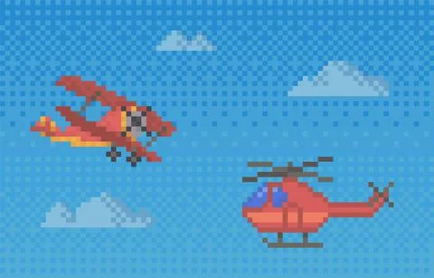 Pixel helicopter and plane for old pixel-game design layout. Air transport Stock-Illustration