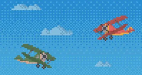 Pixel helicopters for old game design layout. Air transport flying in sky vector Stock Illustration