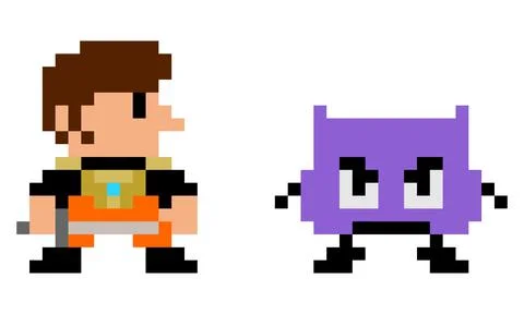 Pixel hero and enemy character image for 8 bit game assets. Illustrazione stock