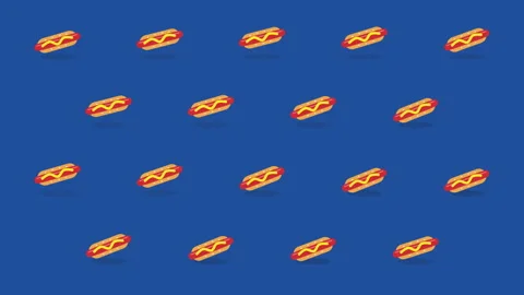 Pixel hotdog loop animation, retro fast food pattern, blue background Stock Footage 346544075