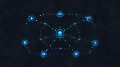 Pixel hud interface loop with glowing blue network HUD elements Stock Footage 346544496