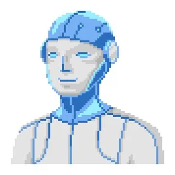 Pixel humanoid robot artificial intelligence portrait Stock Illustration