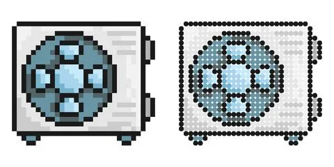 Pixel icon. Air conditioner unit with three bladed fan. Room cooling and he.. Stock Illustration