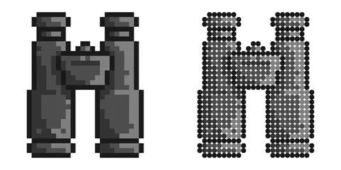 Pixel icon. Binoculars to observe distant objects. Equipment for campaigns .. Illustrazione stock