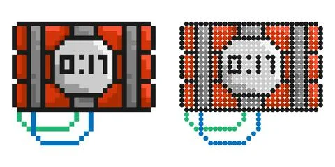 Pixel icon. Bunch of cylinders with dynamite. Timer with clock on explosive.. イラスト素材