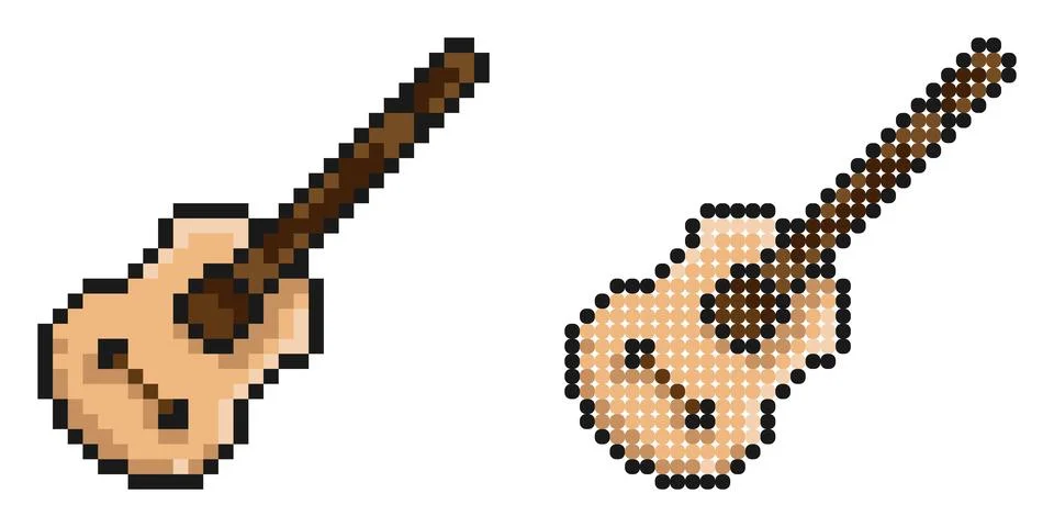 Pixel icon. Classical six string guitar, musical instrument. Learning to pl.. Illustrazione stock