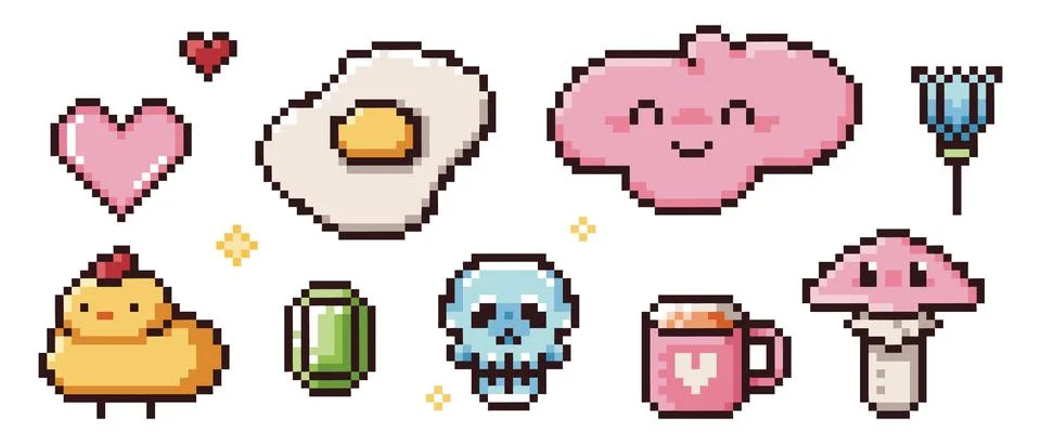 Pixel icon collection with 8 bit items Stock Illustration