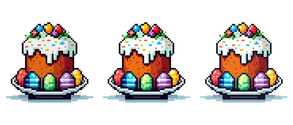 Pixel icon with Easter cake on a large plate, around it are multi-colored p.. Illustrazione stock
