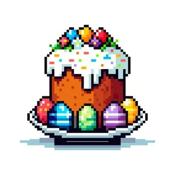 Pixel icon with Easter cake on a large plate, around it are multi-colored p.. Stock Illustration