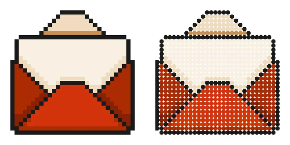 Pixel icon. Festive envelope with white sheet of paper inside. Greeting car.. Stock Illustration