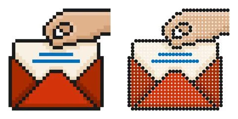 Pixel icon. Hand hold envelope with greeting card for holiday. Simple retro.. Illustrazione stock