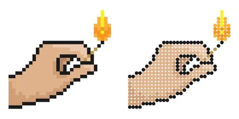 Pixel icon. Hand holds burning match. Careful handling of fire. Simple retr.. Stock Illustration