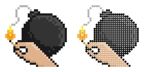 Pixel icon. Hand with match lights fuse of bomb. Incitement to conflict, pr.. Stock Illustration