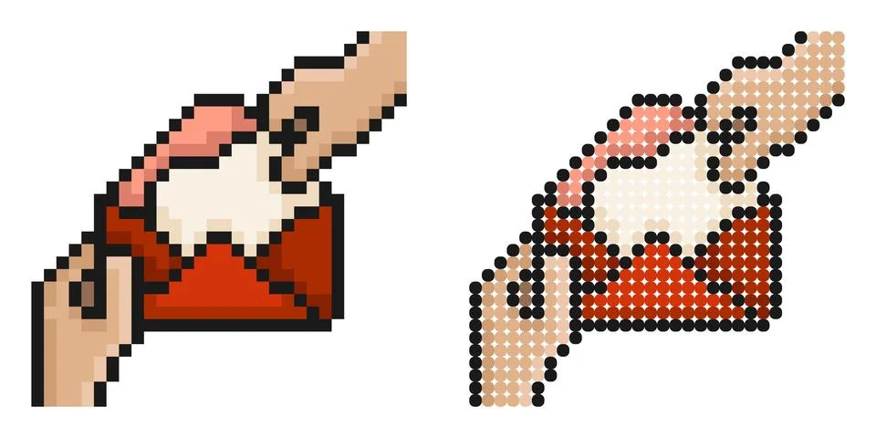 Pixel icon. Hands hold envelope with heart shaped greeting card for holiday.. Ilustração Stock