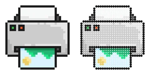 Pixel icon. Inkjet printer perspective front view. Printing documents in of.. 스톡 일러스트