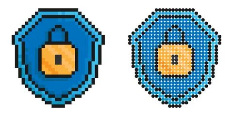 Pixel icon. Locked padlock on background of shield. Reliable secure storage.. Illustrazione stock