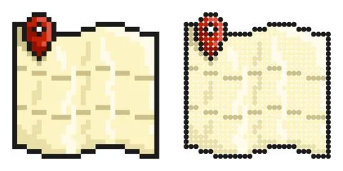 Pixel icon. Map with checkpoint mark. Navigation on paper map using GPS sys.. Ilustración de archivo