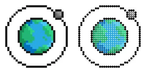 Pixel icon. Moon rotates in orbit around planet Earth. Satellite of planet... Illustrazione stock