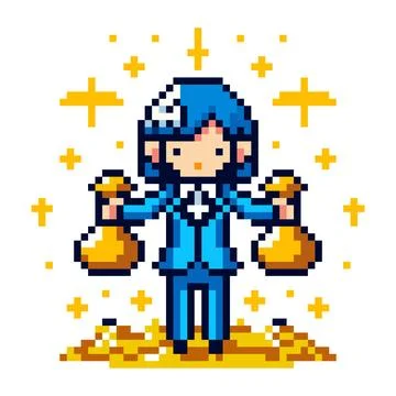 Pixel icon with an office worker in a blue suit holding gold in his hands, .. Stock Illustration