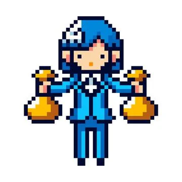 Pixel icon with office worker in blue suit holding gold on white background Stock Illustration