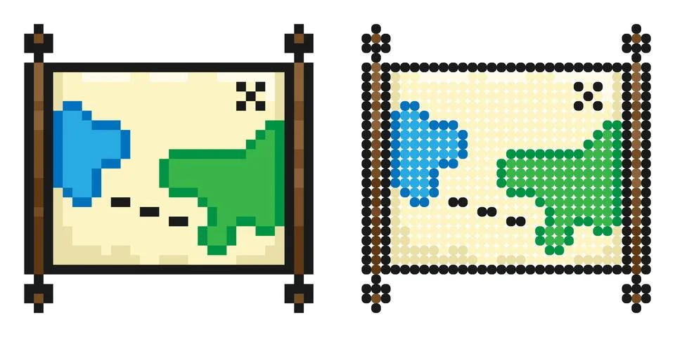 Pixel icon. Old map. Papyrus paper rolled up. Medieval letters and pirate t.. Stock Illustration