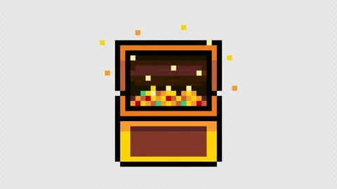 Pixel icon opening treasure chest with gold and jewels. retro 8 bit arcade game Stock Footage 328541618