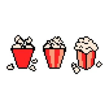 Pixel icon. Popcorn icon set. Sweet or salty corn. Fast food pixelated logo. Stock Illustration