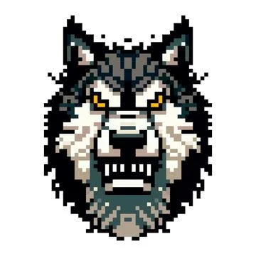 Pixel icon with a portrait of a gray wolf that is angry on a white background Stock Illustration