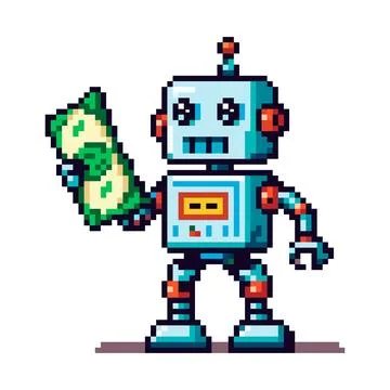 Pixel icon with a robot holding dollar money in his hand on a white backgroun Stock Illustration