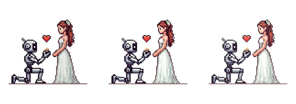 Pixel icon with a robot standing on one knee in front of a girl in a white we Stock Illustration