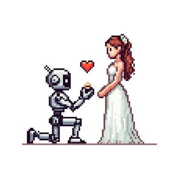 Pixel icon with a robot standing on one knee in front of a girl in a white we Stock Illustration