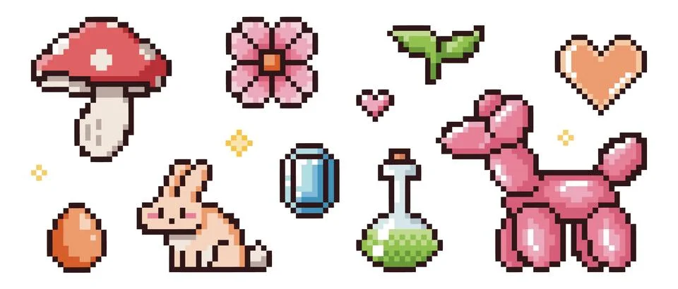 Pixel icon set with 8 bit assets Illustrazione stock