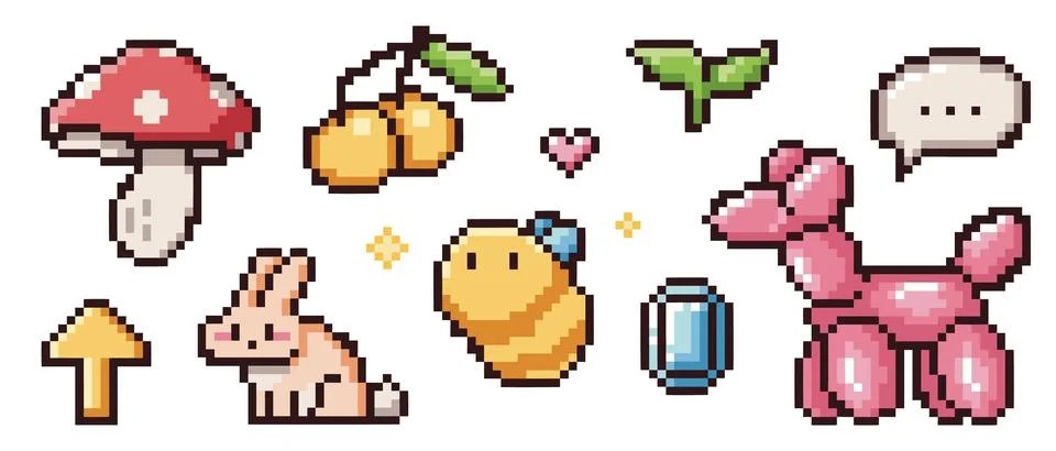 Pixel icon set with 8 bit assets Stock Illustration