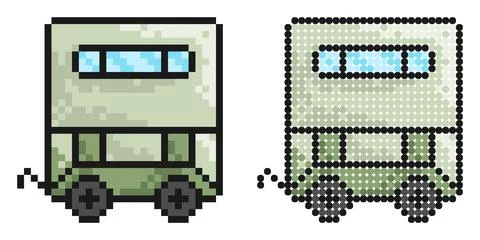 Pixel icon. Trailer for transporting building materials and animals. Workin.. Illustrazione stock
