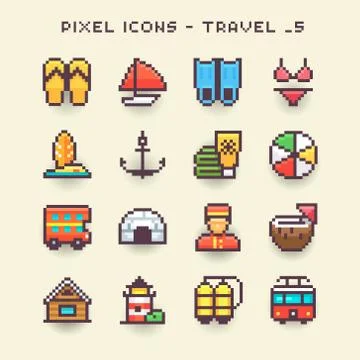 Pixel icons-travel Stock Illustration