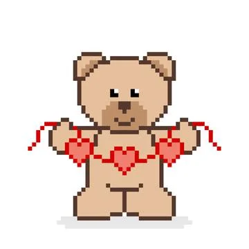 Pixel image of a brown bear holding a hanging love. for 8 bit game assets. Stock Illustration