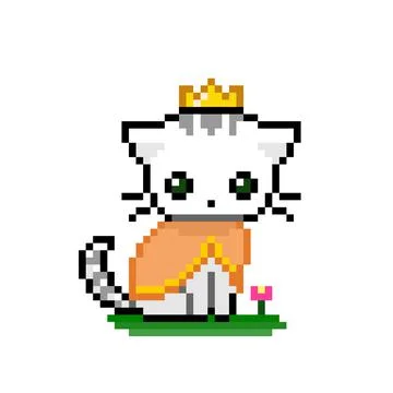 Pixel image of a cat wearing a queen dress for game assets. Stock Illustration
