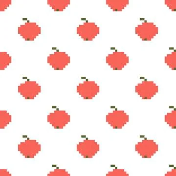 Pixel image of fruit, apple. Vector seamless pattern on white background Stock Illustration