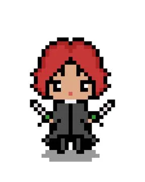 Pixel image of the hero character carrying two swords for game assets. Stock Illustration