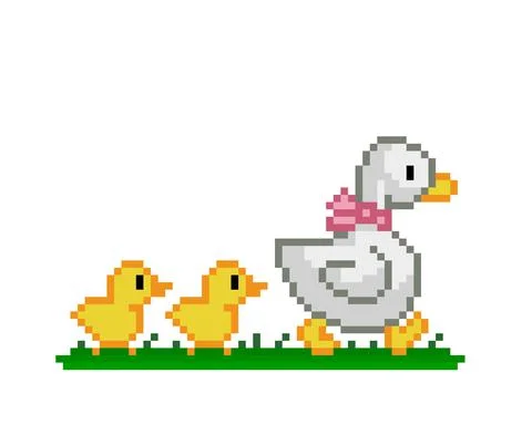 Pixel image of parent duck and cubs. Vector illustration of a cross stitch an Illustrazione stock