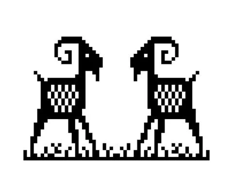 Pixel image of twin goats. Vector illustration of a cross stitch pattern. イラスト素材